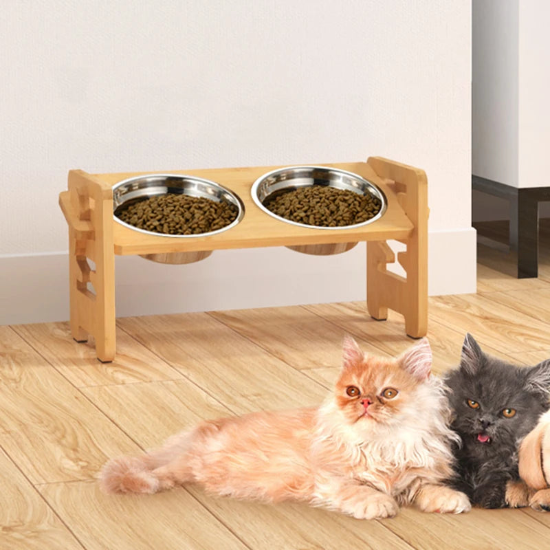 Adjustable Bamboo Dog Feeder with Stainless Steel Bowls