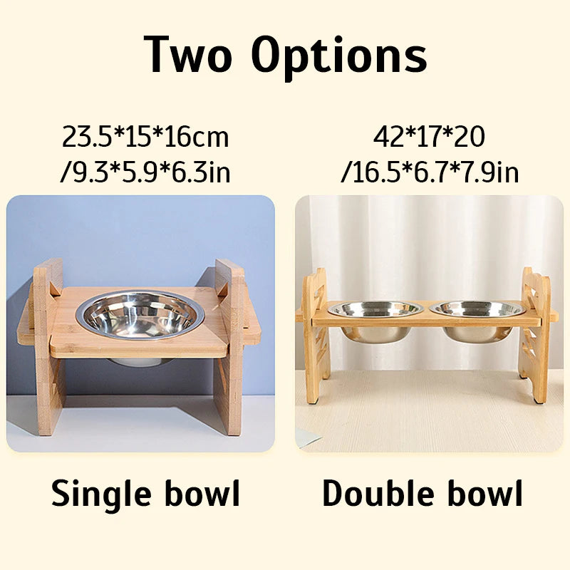 Adjustable Bamboo Dog Feeder with Stainless Steel Bowls