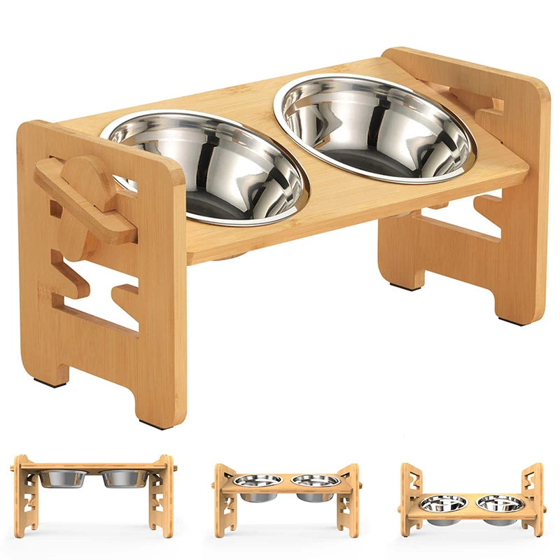 Adjustable Bamboo Dog Feeder with Stainless Steel Bowls