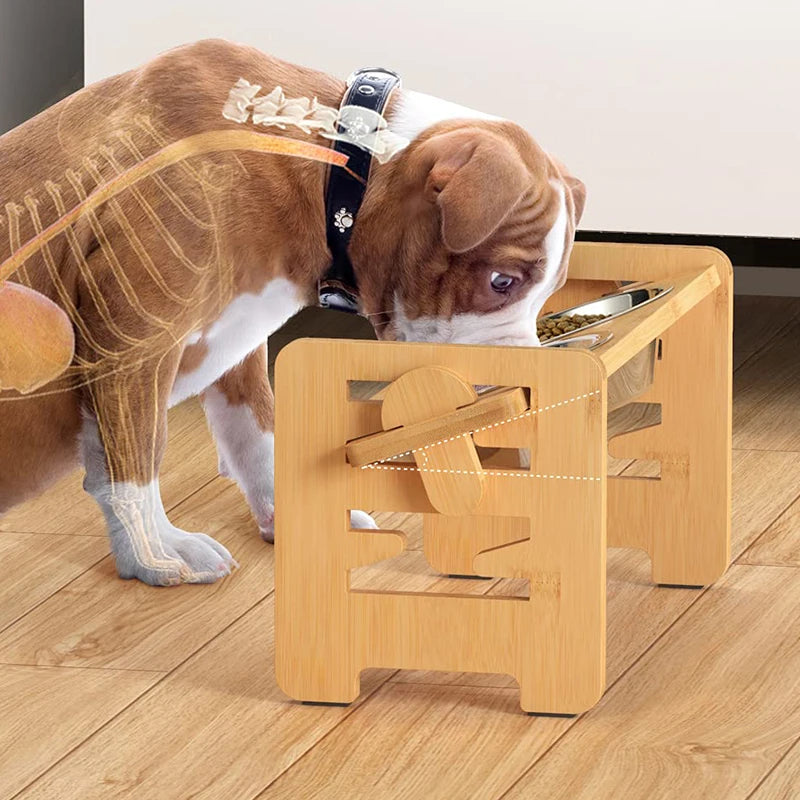 Adjustable Bamboo Dog Feeder with Stainless Steel Bowls