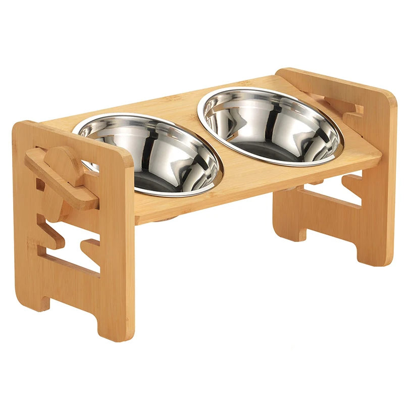 Adjustable Bamboo Dog Feeder with Stainless Steel Bowls